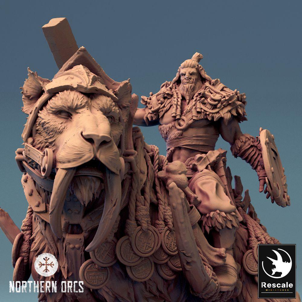 Product photo Tabletop 28mm Lord of the Print (LotP) 0: Tabletop miniature: Orc Warlord on Sabretooth Bear, Bear Rider, Beast Rider, monstrous cavalry, Barbarian Chief with Round Shield, Orc Warlord Bear Rider (24_04_C3)