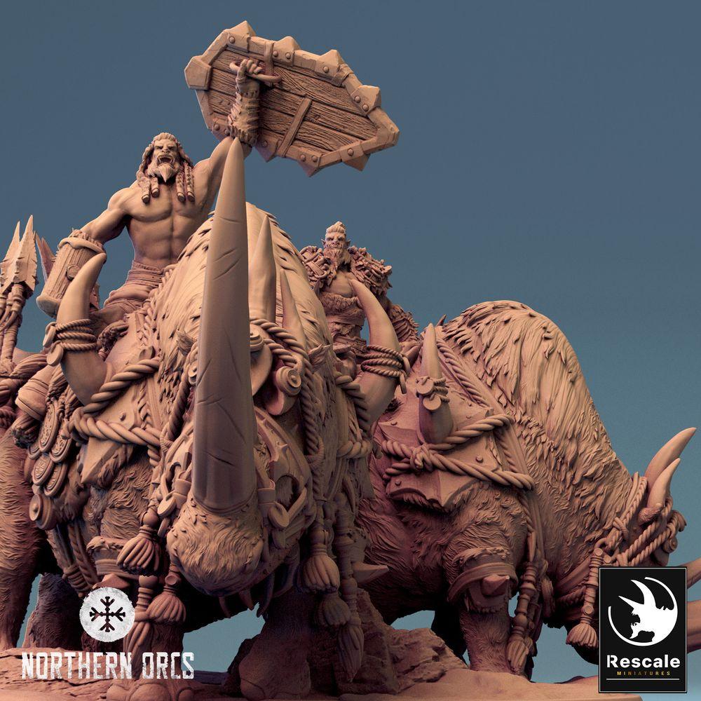 Product photo Tabletop 28mm Lord of the Print (LotP) 0: Tabletop miniature: Orc Warlord on Rhinoceros War Beast, Beast Rider Team, Monster Cavalry (24_04_D3)