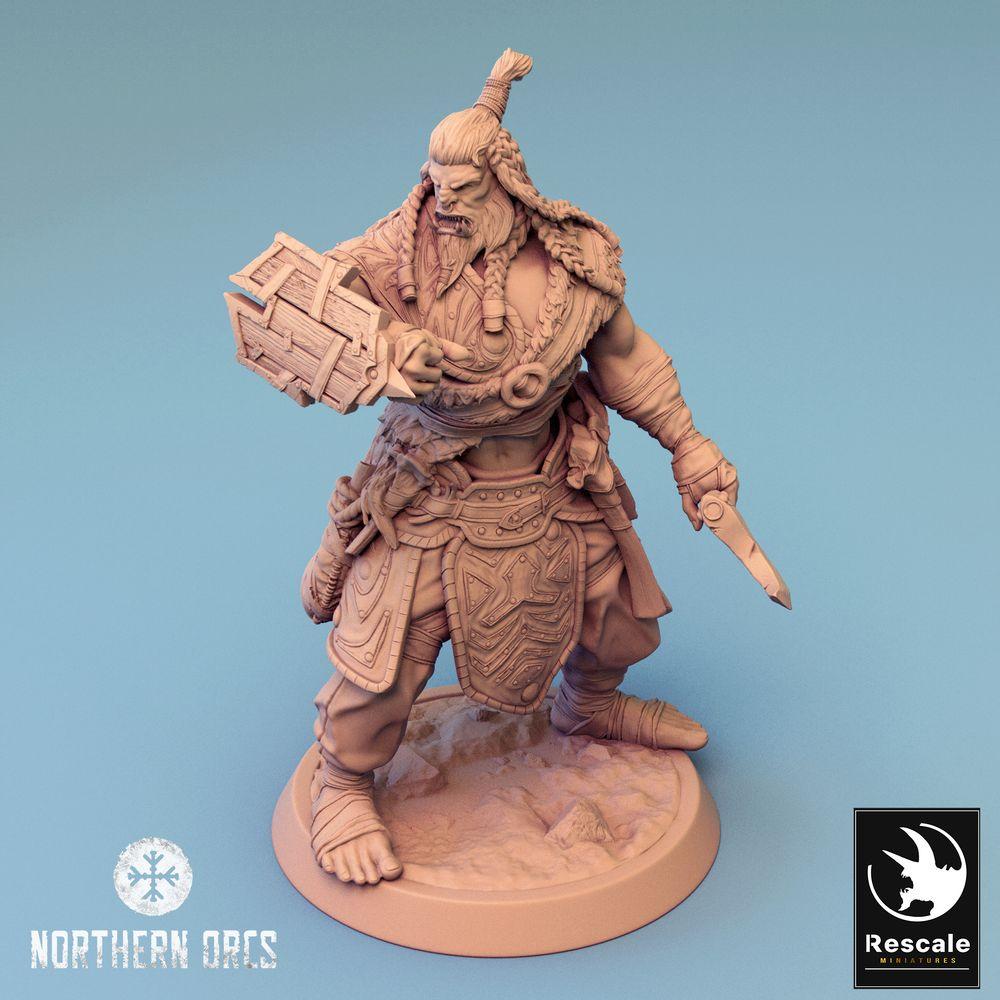 Tabletop photo 28mm Lord of the Print (LotP) 0: Tabletop miniature: Orc Warrior/Berserker with Hook Blade and Chest Shield, Orc Warrior (24_04_H1)