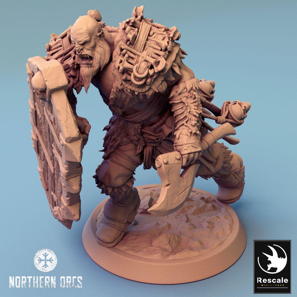 Product photo Tabletop 28mm Lord of the Print (LotP) 0: Tabletop miniature: Orc warrior with axe, frontline fighter in charge, shieldbreaker, Orc Soldier Axe Run (24_04_H2)