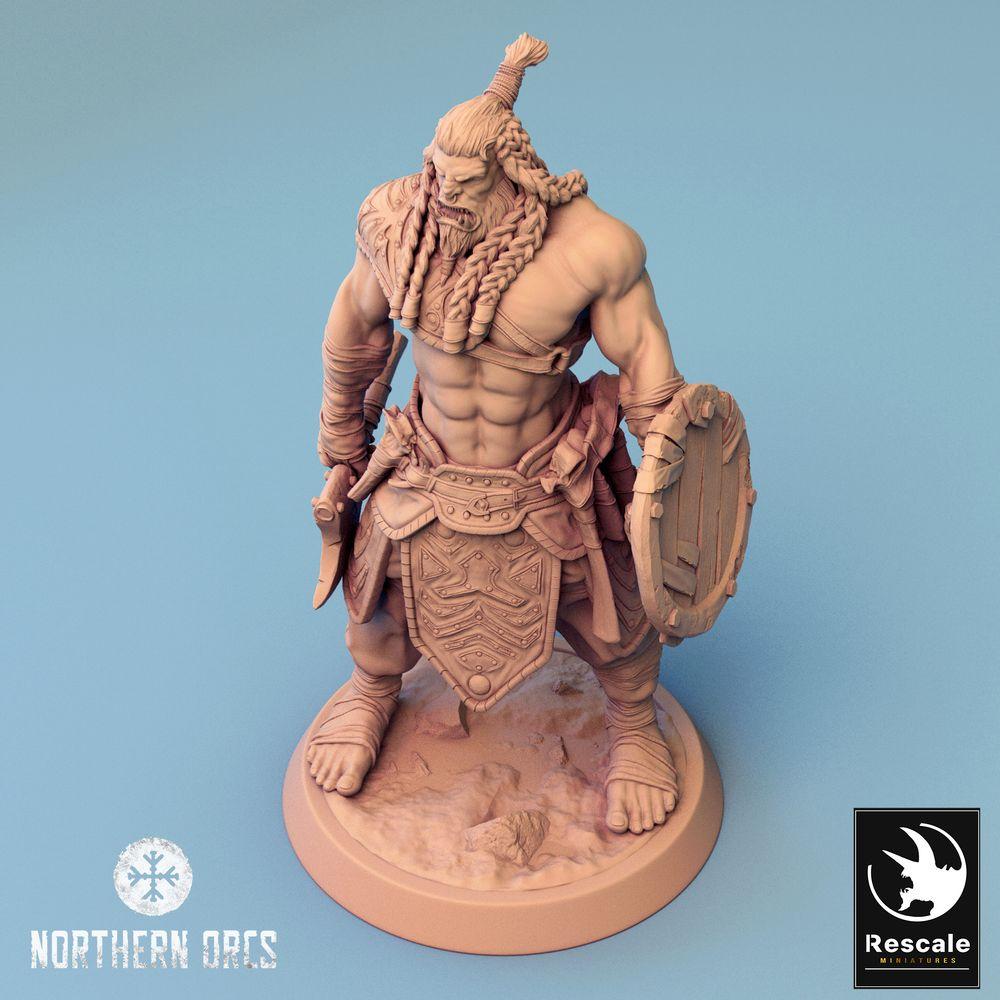 Product photo Tabletop 28mm Lord of the Print (LotP) 0: Tabletop miniature: Orc warrior with axe and round shield, barbarian, berserker, tribal warrior, warlord, champion, Orc warrior (24_04_H3)