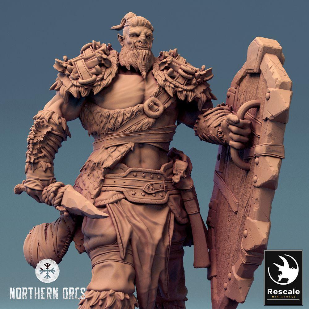 Product photo Tabletop 28mm Lord of the Print (LotP) 0: Tabletop miniature: Orc Warrior with shield and axe, Shieldbearer, Warlord (24_04_G1)