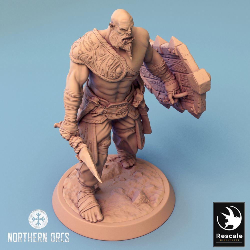 Product photo Tabletop 28mm Lord of the Print (LotP) 0: Tabletop miniature: Orc Warrior Shieldbearer - Shield Fighter, Frontline Fighter (24_04_G2)