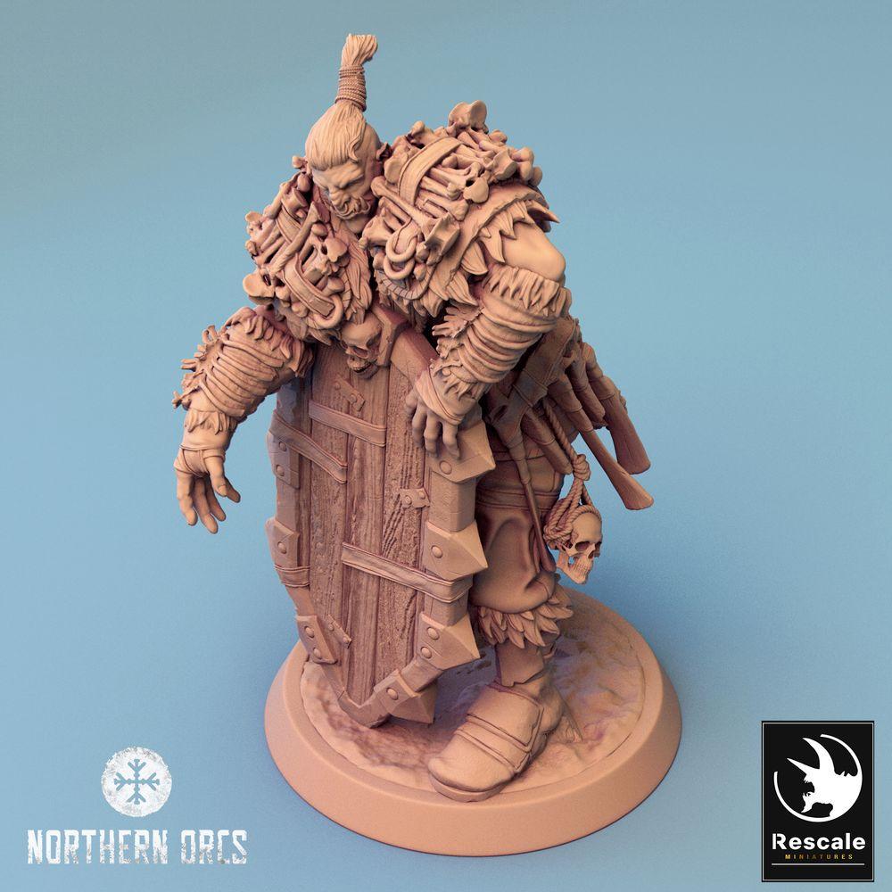Product photo Tabletop 28mm Lord of the Print (LotP) 0: Tabletop miniature: Orc Shield Guard with Tower Shield, Orc Guard, Shield Fighter (24_04_F1)