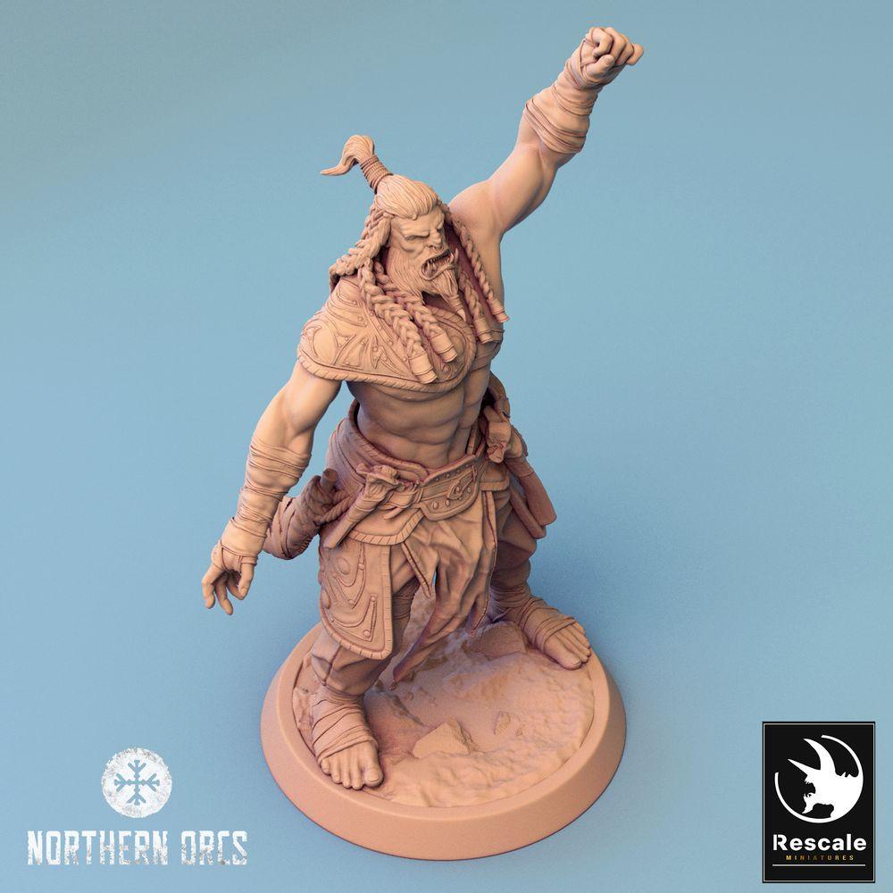 Product photo Tabletop 28mm Lord of the Print (LotP) 0: Fantasy Figure: Orc Warlord, Chief in the War Call - Barbaric Tribal Warrior (24_04_F2)