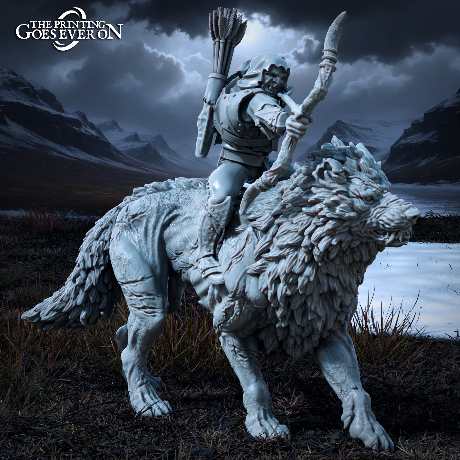 Product photo Tabletop 28mm The Printing Goes Ever On (TPGEO) 0: Orc Warg Rider - Brutal Servants of the Dark King on Wargs - Evil Creatures of the Northern Realms