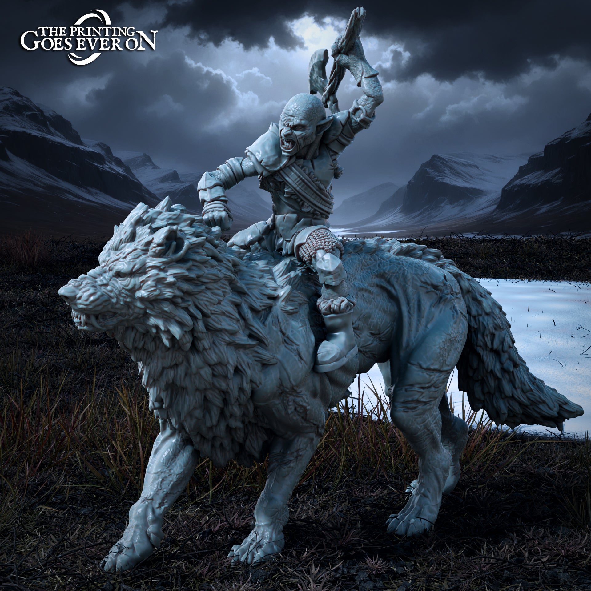 Product photo Tabletop 28mm The Printing Goes Ever On (TPGEO) 0: Orc Warg Rider - Brutal Servants of the Dark King on Wargs - Evil Creatures of the Northern Realms