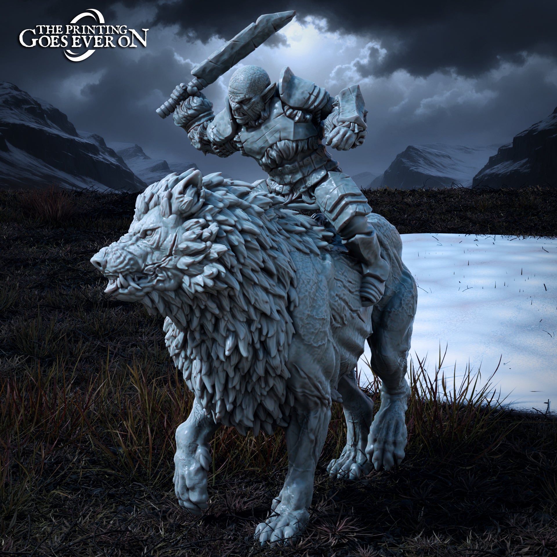 Product photo Tabletop 28mm The Printing Goes Ever On (TPGEO) 0: Orc Warg Rider - Brutal Servants of the Dark King on Wargs - Evil Creatures of the Northern Realms