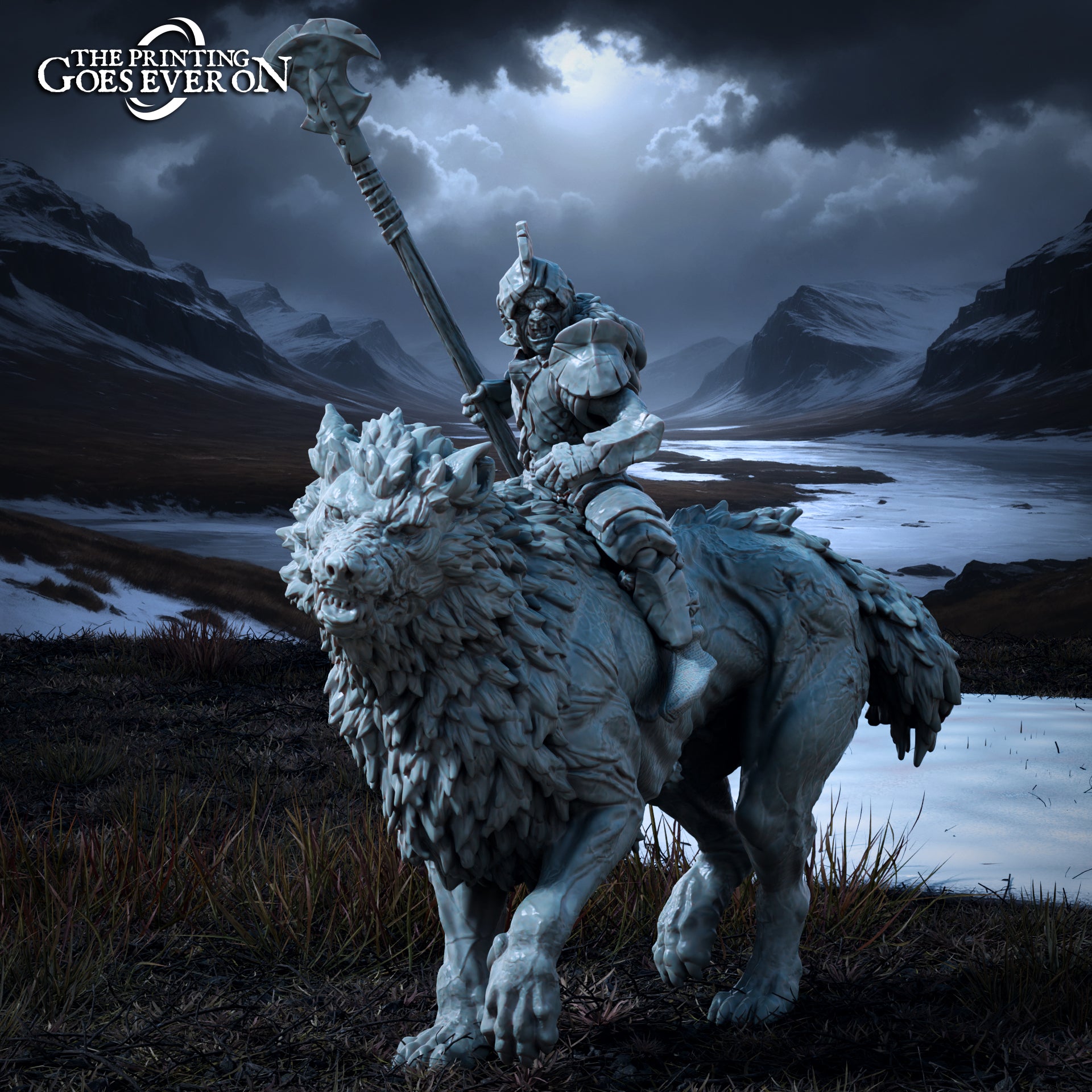 Product photo Tabletop 28mm The Printing Goes Ever On (TPGEO) 0: Orc Warg Rider - Brutal Servants of the Dark King on Wargs - Evil Creatures of the Northern Realms