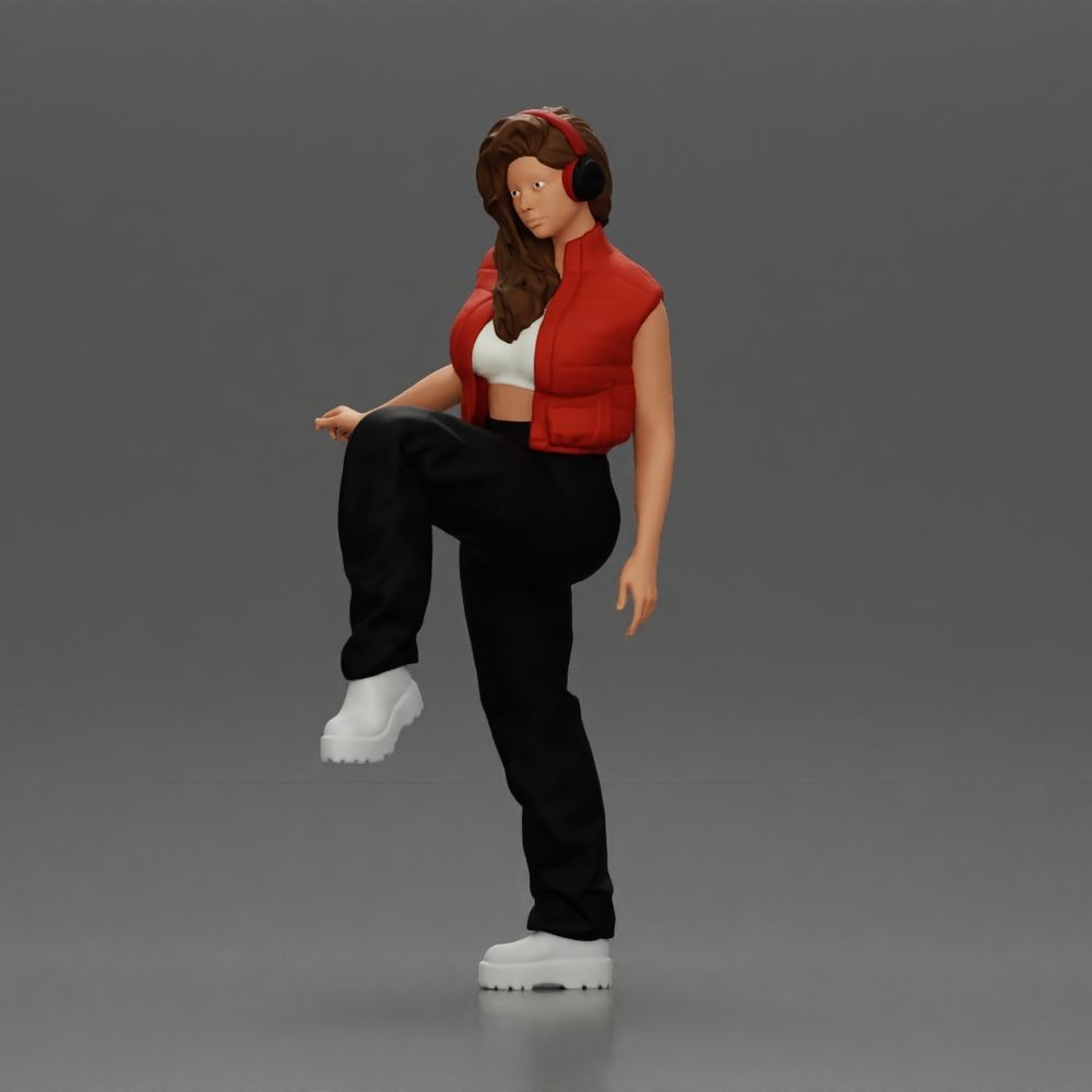 Diorama model-making product photo 0: Standing female figure with headphones and a loose streetwear outfit, leg raised (a164)
