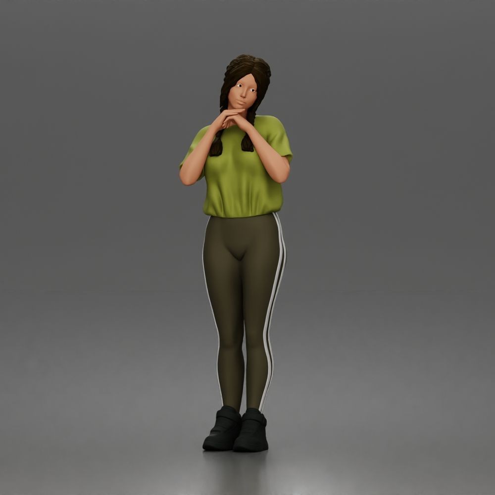 Diorama model-making product photo 0: Standing figure: woman with braided hair, T-shirt, leggings & sneakers (a194)