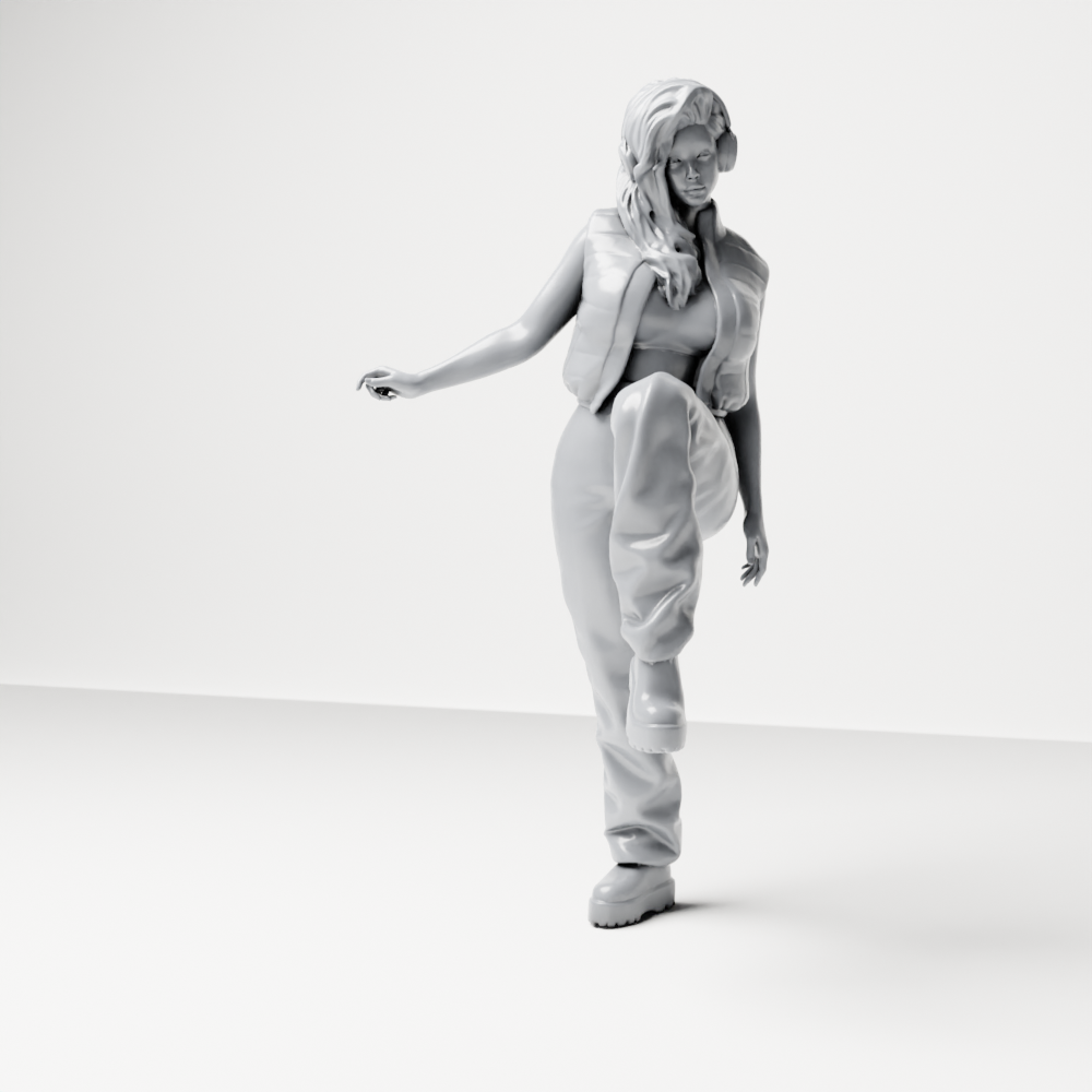 Diorama model-making product photo 1: Standing female figure with headphones and a loose streetwear outfit, leg raised (a164)