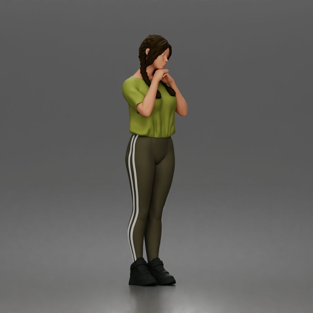 Diorama model-making product photo 1: Standing female figure with braided hair, T-shirt, leggings & sneakers (a194)