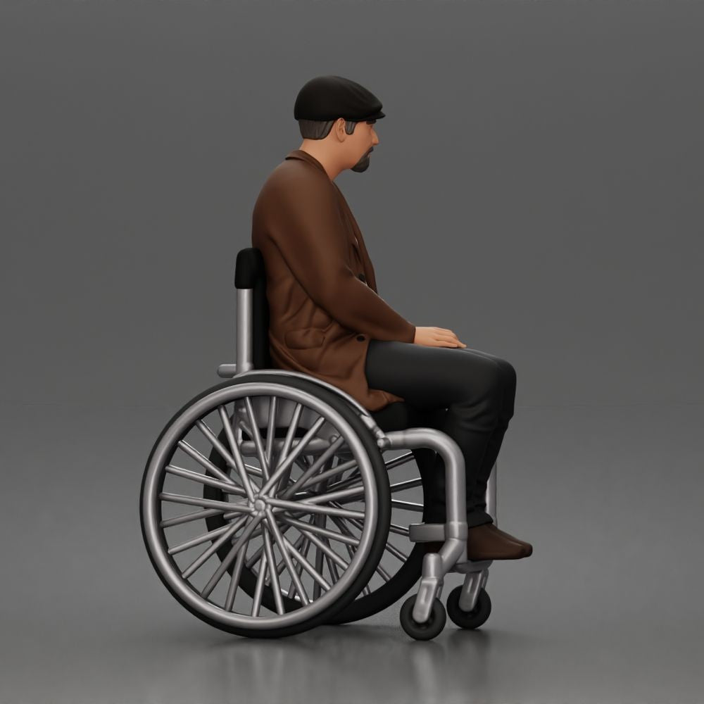 Diorama model-making product photo 1: Seated figure: elderly man in a wheelchair wearing a coat (a209)