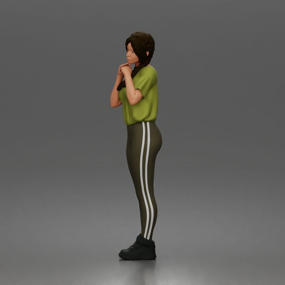 Diorama model-making product photo 4: Standing female figure with braided hair, T-shirt, leggings & sneakers (a194)