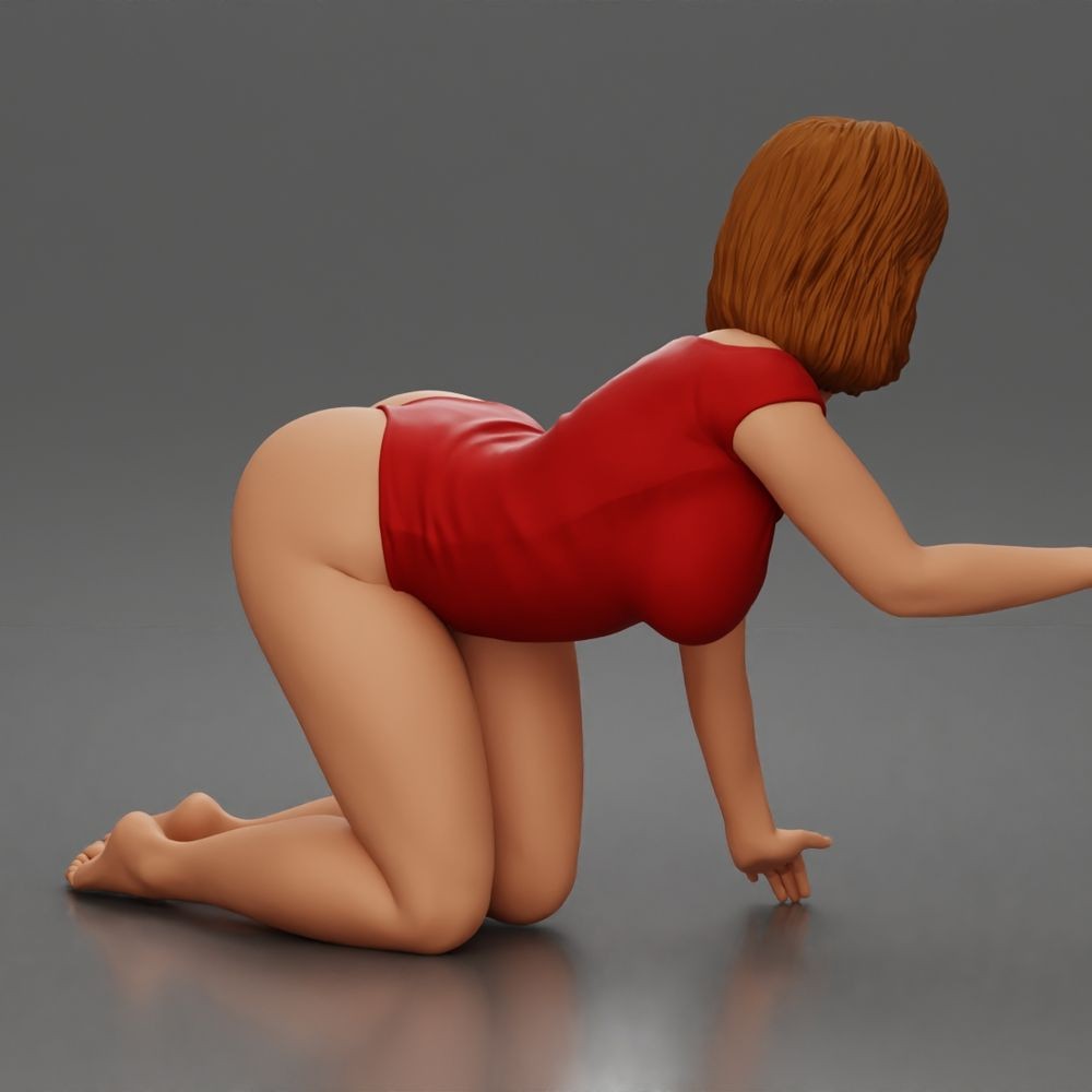Diorama Modellbau Produktfoto 5: Kniende Figur: Frau im Bodysuit mit vorgeneigtem Oberkörper und Hand am Boden (a175)