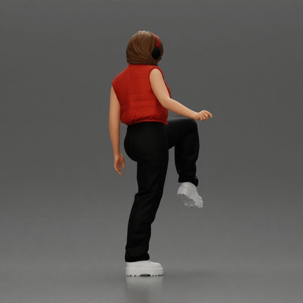 Diorama model-making product photo 6: Standing female figure with headphones and a loose streetwear outfit, leg raised (a164)