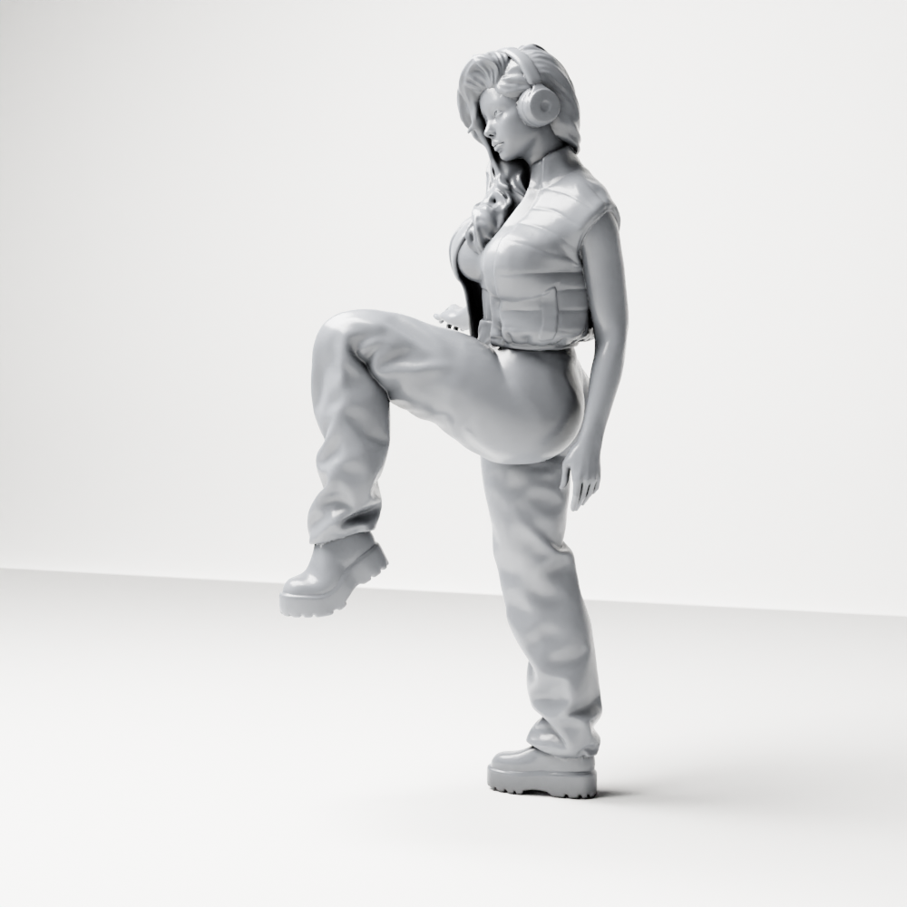 Diorama model making product photo 7: Standing figure: woman with headphones & oversized streetwear outfit, leg raised (a164)