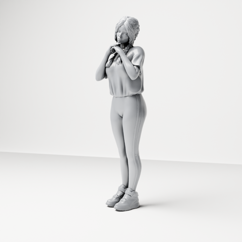 Diorama model-making product photo 6: Standing female figure with braided hair, T-shirt, leggings & sneakers (a194)