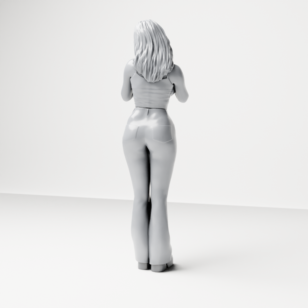 Diorama Modellbau Produktfoto 9: Stehende Figur: Frau mit ärmellosem Oberteil & Hose, Hände unter dem Kinn (a187)