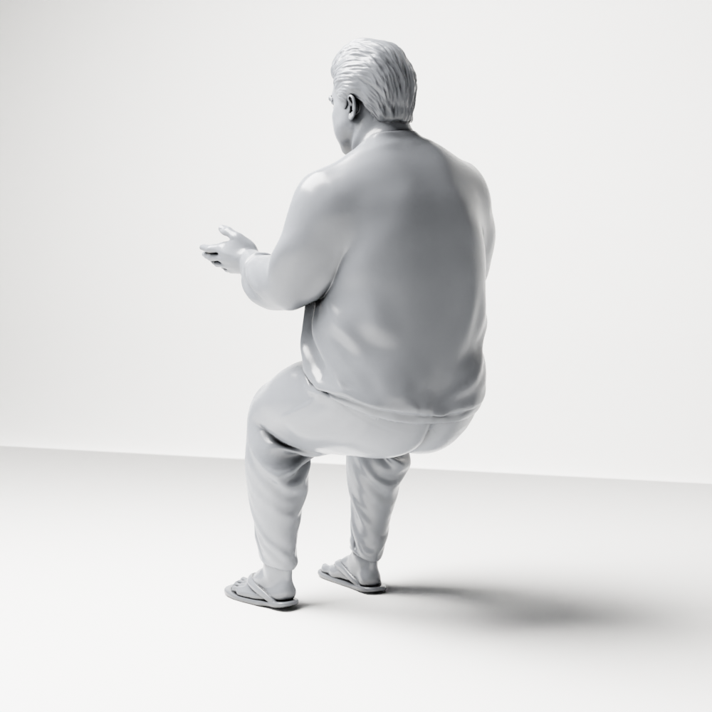 Diorama Modellbau Produktfoto 9: Sitzende Figur: Gestikulierender Mann mit Pullover, Hose & Flip-Flops (a165)