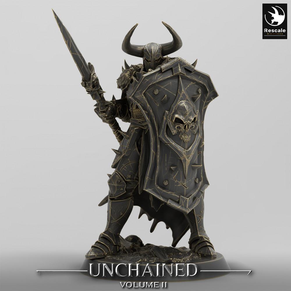 Product photo Tabletop 28mm Lord of the Print (LotP) 0: Tabletop miniature: Dark Paladin, Sinister Knight with Sword and Tower Shield, Hell Knight Leader (24_05_E12)