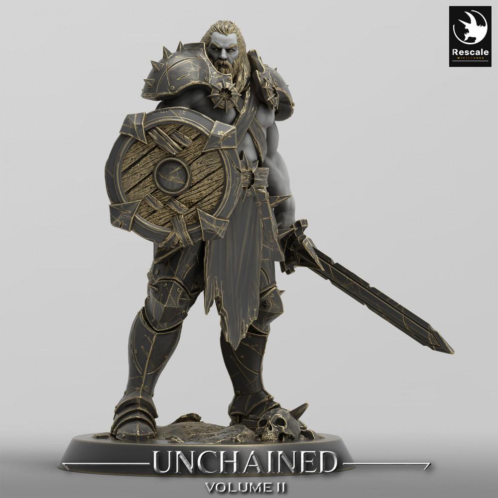 Product photo Tabletop 28mm Lord of the Print (LotP) 0: Tabletop miniature: Nordic shield warrior, barbarian warlord with broadsword (24_05_C16)