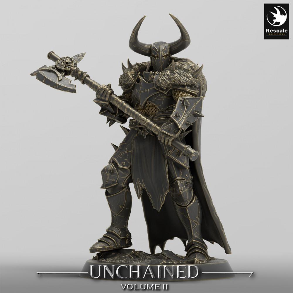 Product photo Tabletop 28mm Lord of the Print (LotP) 0: Tabletop miniature: Dark Knight with two-handed axe, Demon Knight in plate armor, elite warrior, boss character, Dark Knight (24_05_E3)