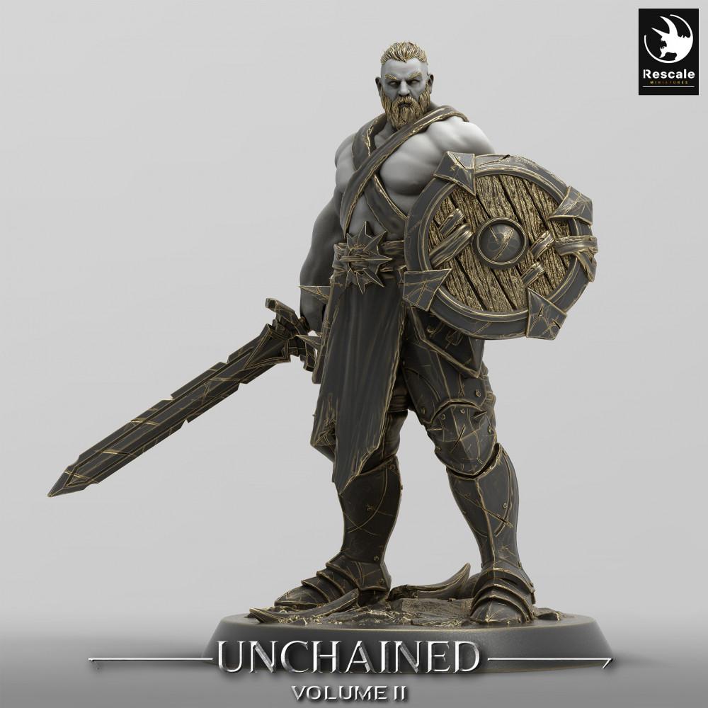 Product photo Tabletop 28mm Lord of the Print (LotP) 0: Tabletop miniature: Barbarian shield warrior, Nordic warrior with round shield and broadsword (24_05_C17)