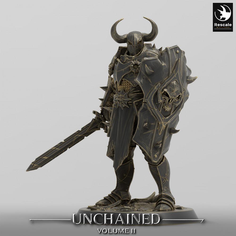 Product photo Tabletop 28mm Lord of the Print (LotP) 0: Fantasy Figure: Dark Knight with Shield and Longsword, Cursed Paladin, Demonic Champion (24_05_E19)