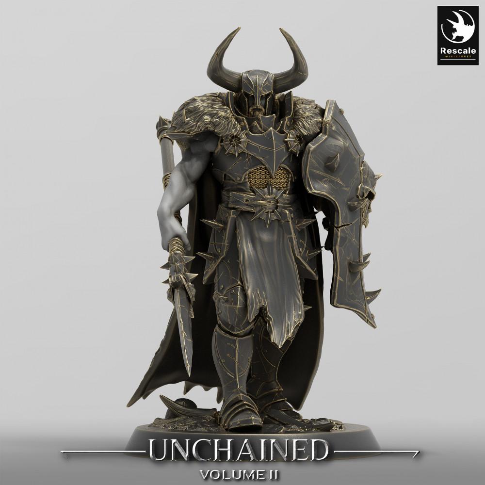 Product photo Tabletop 28mm Lord of the Print (LotP) 0: Tabletop miniature: Demon Knight, Dark Paladin with Tower Shield and Spiked Sword - Elite Melee Fighter, Boss Enemy (24_05_D17)