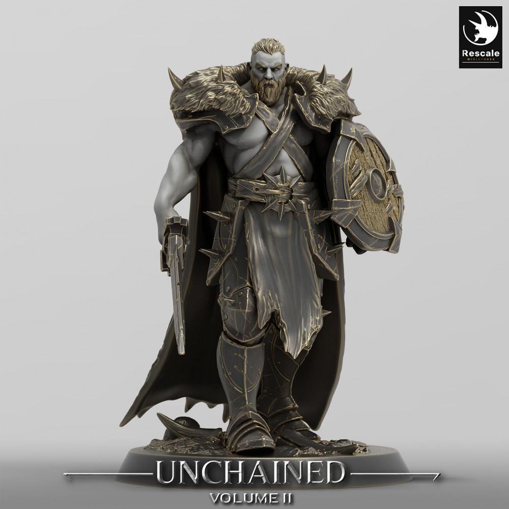 Product photo Tabletop 28mm Lord of the Print (LotP) 0: Fantasy Figure: Barbarian Warrior / Shield Fighter, Warlord, Mercenary Captain with Round Shield and Hand Cannon (24_05_C20)