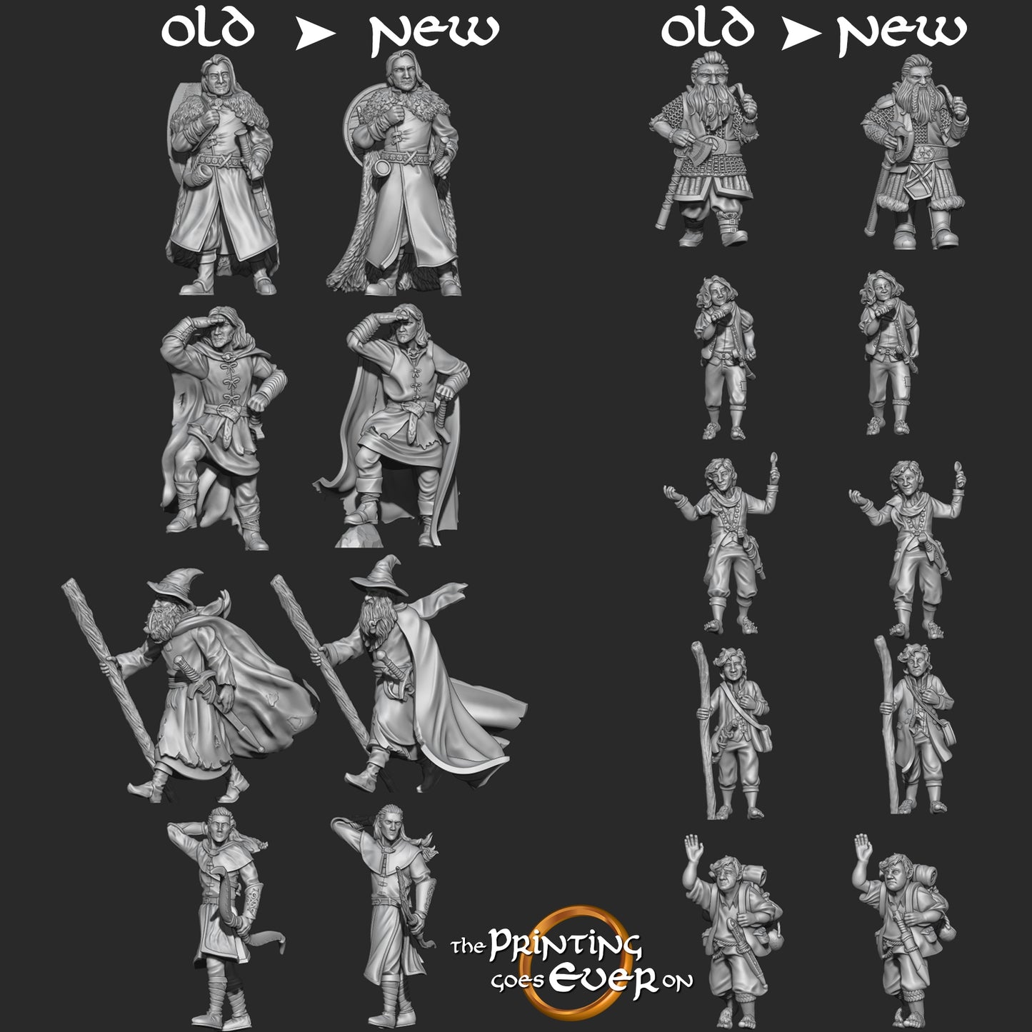 Product photo Tabletop 28mm The Printing Goes Ever On (TPGEO) 0: 9 Heroes in Wanderer Pose Remastered: Companions of Humans, Elves, Dwarves, and Halflings - Wanderer