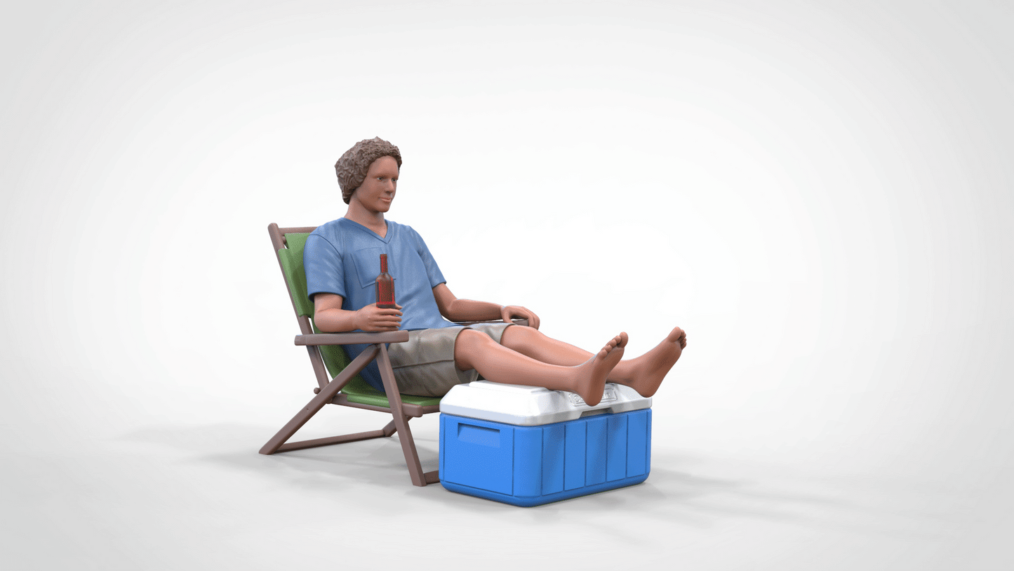 Product photo diorama and model building miniature figure: man with beer and cooler in deck chair