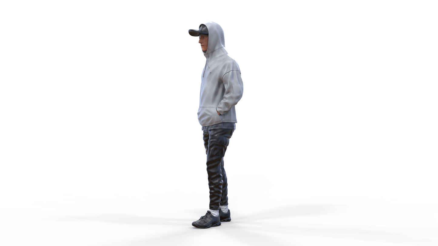 Product photo diorama and model building miniature figure: man with hoodie