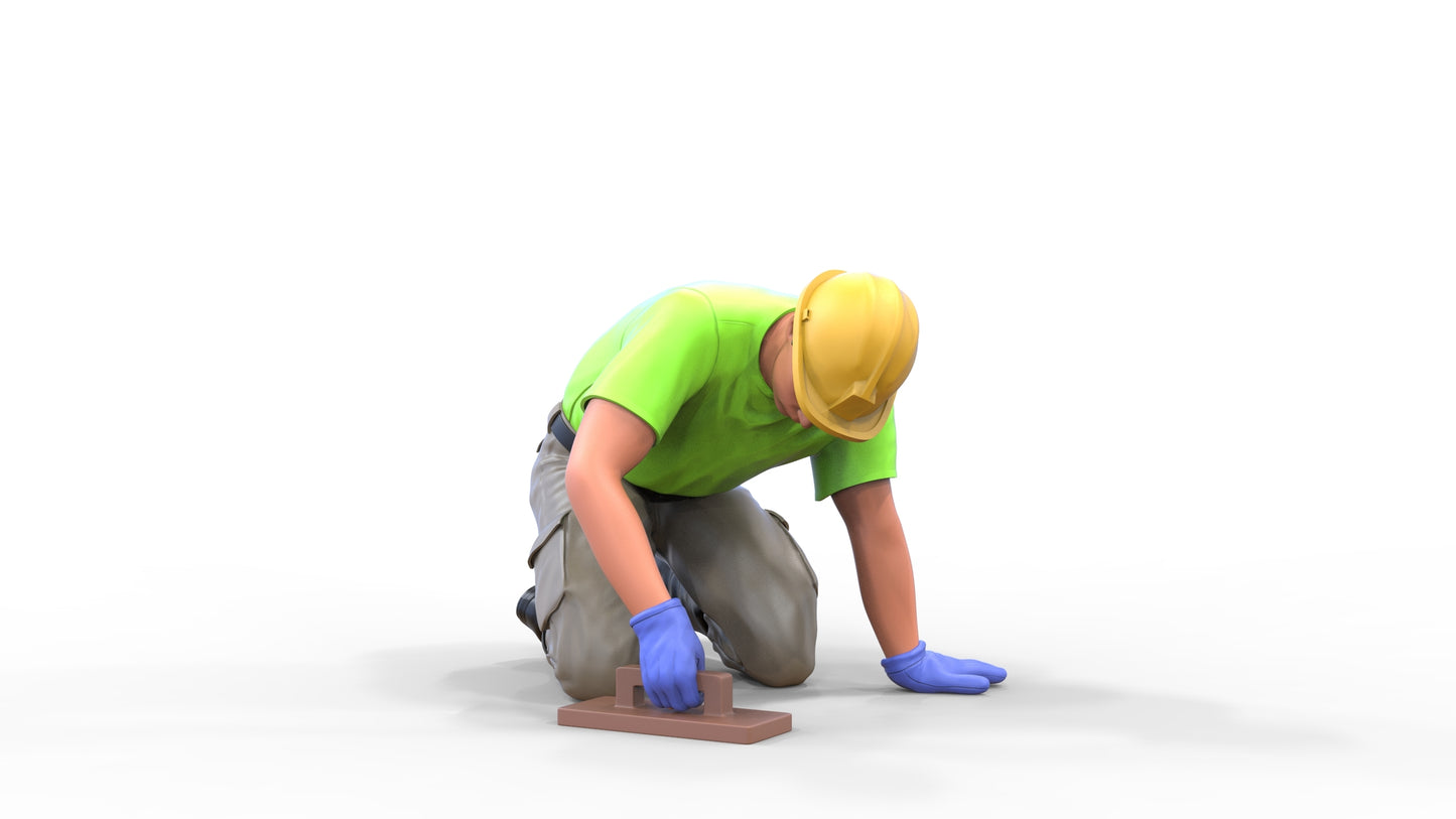 Product photo diorama and model building miniature figure: Construction worker 1 - kneeling tiler with helmet