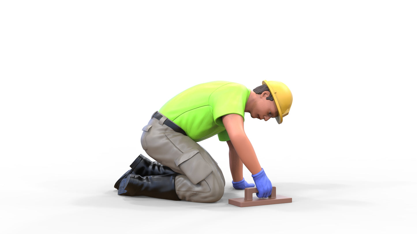 Product photo diorama and model building miniature figure: Construction worker 1 - kneeling tiler with helmet