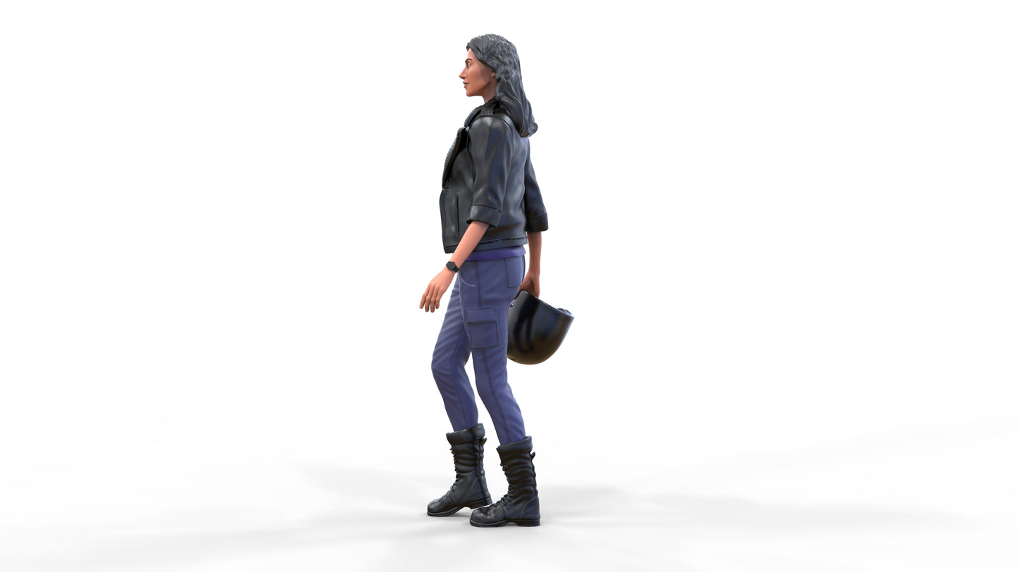 Product photo diorama and model building miniature figure: Racer 5 - Female racer with helmet and leather jacket