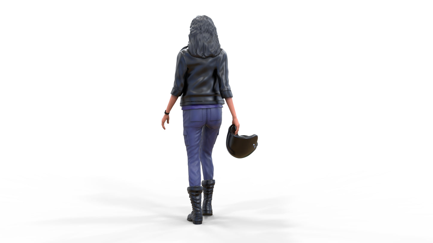 Product photo diorama and model building miniature figure: Racer 5 - Female racer with helmet and leather jacket