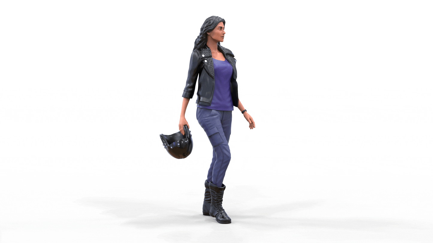 Product photo diorama and model building miniature figure: Racer 5 - Female racer with helmet and leather jacket