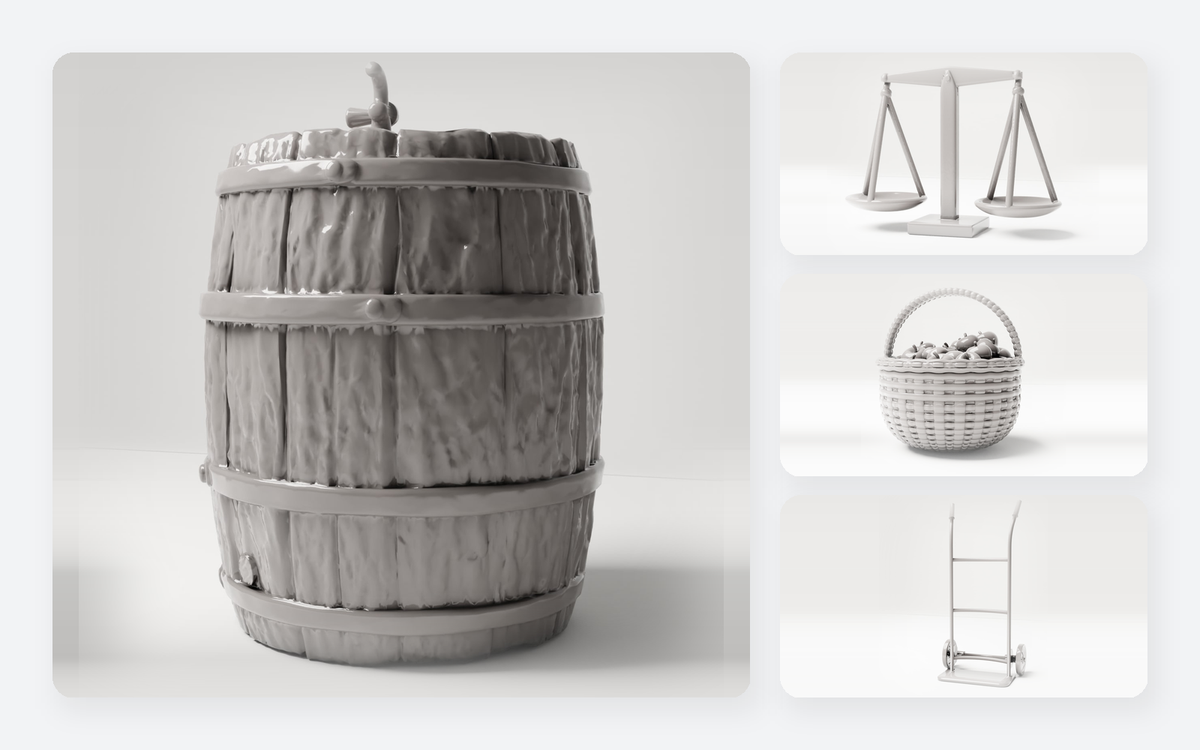 Miniature crates, barrels and transport goods for dioramas