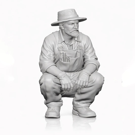 Diorama Modellbau Produktfoto 0: Hockende Figur: Gärtner mit Hut & Latzhose, Werkzeuge in Brusttasche (B001)