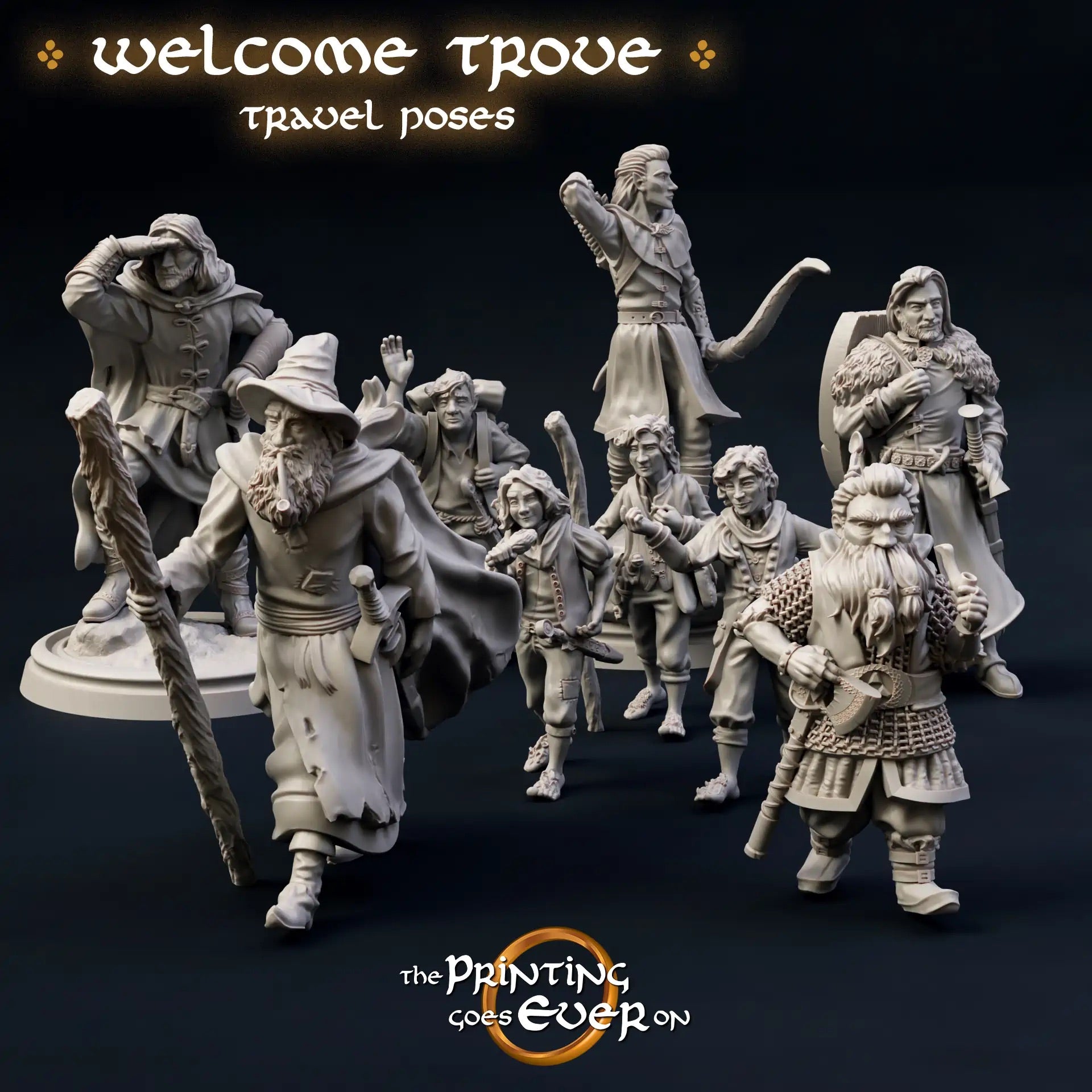 Product photo Tabletop 28mm The Printing Goes Ever On (TPGEO) 0: 9 Heroes in Wanderer Pose: Companions of Humans, Elves, Dwarves, and Halflings - Wanderer