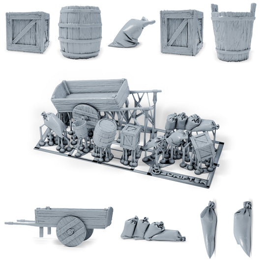 Diorama Modellbau Produktfoto 0: Diorama Miniatur Hofzubehör: Handkarren mit Getreidesäcken, Kisten und Fass (h0_32)