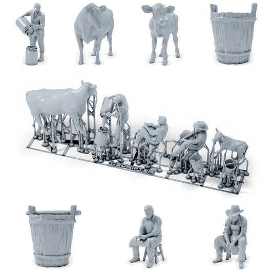 Diorama Modellbau Produktfoto 0: Diorama Bauernhof Set: Melkszene mit Bauern, Kuh, Kalb und Eimern (h0_33)