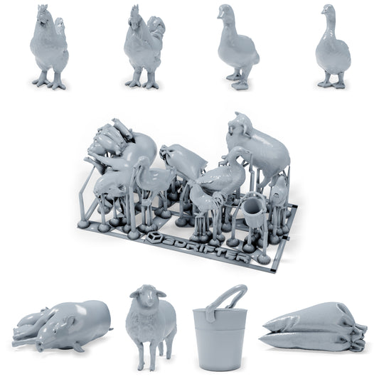 Diorama Modellbau Produktfoto 0: Diorama Bauernhoftiere: Geflügel, Schaf und Schwein mit Ferkeln (h0_34)