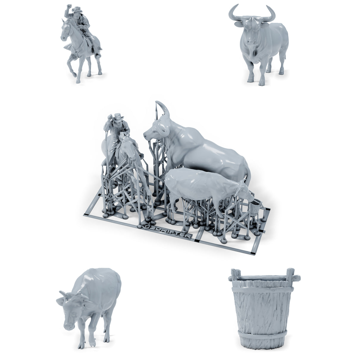 Diorama Modellbau Produktfoto 0: Diorama Western Figuren: Cowboy zu Pferd mit Bulle und Kuh (h0_36)