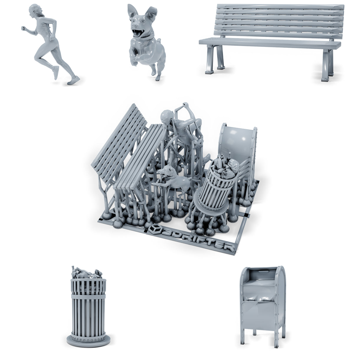 Diorama Modellbau Produktfoto 0: Diorama Figuren Set: Läuferin mit Hund, Parkbank und Stadtzubehör (h0_40)