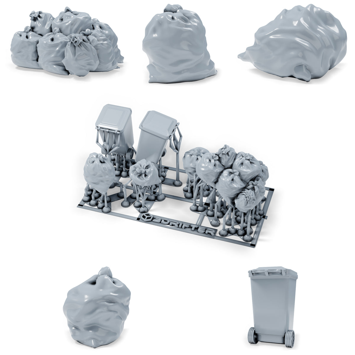 Diorama Modellbau Produktfoto 0: Diorama Miniatur Stadtreinigung: Müllsäcke und zwei Mülltonnen (h0_45)