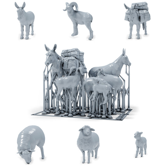 Diorama model-making product photo 0: Farm animal diorama miniatures: donkey, sheep, ram, and lamb (h0_55)